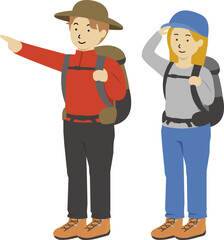 指をさす男性と見渡す女性ハイキング・山登り男女ペアセット2