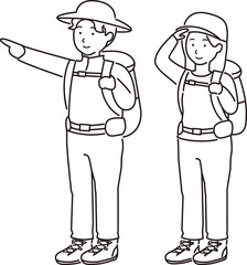 指をさす男性と見渡す女性ハイキング・山登り男女ペアセット2線画