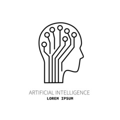Artificial intelligence and machine learning line icon. Head and cpu. Simple thin outline pictogram. AI concept. Innovative robotic technology element. Cpu,cloud. Editable stroke vector illustration