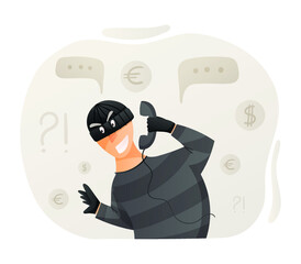 Vector cartoon isolated illustration calling male scammer wearing balaclava. Online or phone fraud, cybercrime concept.