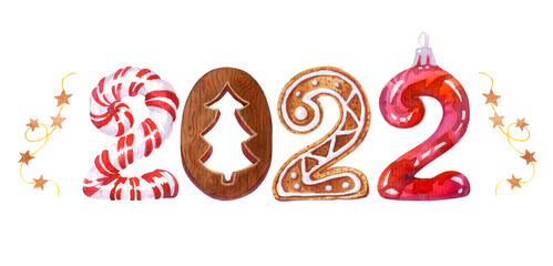 Watercolor illustration of numbers 2022 year isolated on white background. Numbers like a candy, a wooden piece, a cookie and an ornament. Image for greetings, cards, wrapping, posters, design element