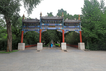 Chinese traditional style memorial archway in Beijing Botanical Garden