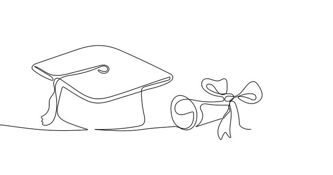 Animated continuous line drawing of graduation cap with diploma