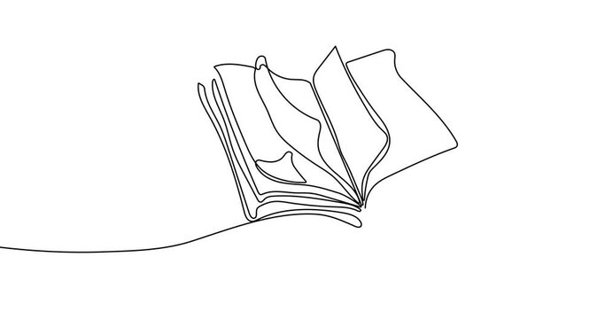 Animated continuous line drawing of open book with flying pages. Education and back to school concept