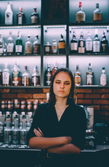 Portrait of young attractive woman bartender behind the bar counter