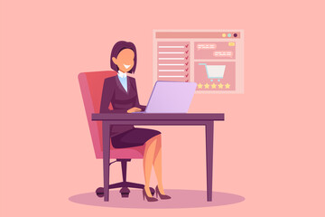 Vector of a woman sitting at desk making online order and writing a product review