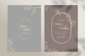 Double Sided Minimalist Wedding Invitation Template with Golden Flower on Brown Background