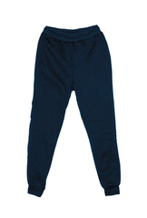 Blank training jogger pants color navy on invisible mannequin template front view on white background
