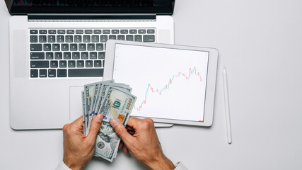 Stock broker. Investment business technology app on digital screen. Finance application for sell,...