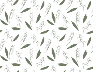 Floral vector seamless pattern with spring meadow wild flowers. Lily of the valley hand drawn illustration isolated on white background. For wrapping, fabric, wallpaper.