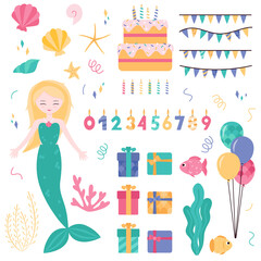 A set of elements for a birthday party in a nautical style for girls. A party in the style of mermaids.