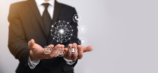 Business concept Close up of man using mobile smart phone and infographic icon of community technology digital.Concept of hi tech and big data. Toned image