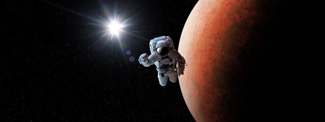 Astronaut in outer open space over the planet Mars.Stars provide the background.erforming a space...