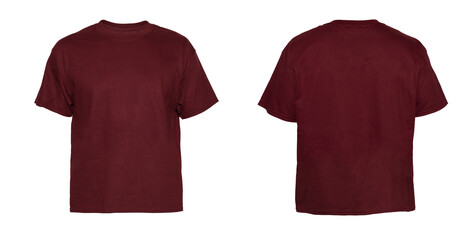 Blank T Shirt color maroon on invisible mannequin template front and back view on white background

