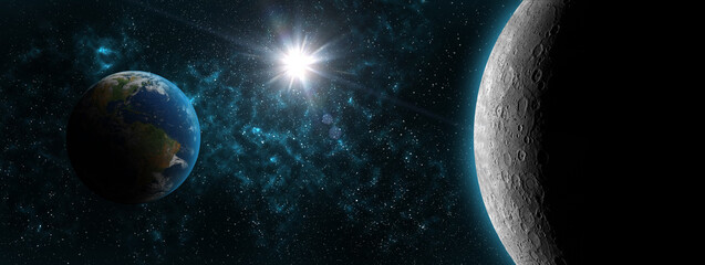 Earth and Moon glowing on black space,star background.is an astronomical body that orbits planet Earth.Earth's only permanent natural satellite.Elements of this image furnished by NASA.3D illustration