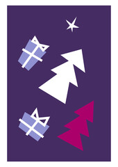 Vector vertical illustration with hand drawn minimalistic shapes. Flat concept with abstract elements (gift boxes, Spruce trees) for Winter posters and Christmas greeting cards on purple background