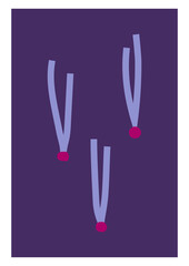 Vector illustration with hand drawn minimalistic  shapes. Flat concept with abstract elements (three spruce needles) for vertical Winter posters and Christmas greeting cards on purple background