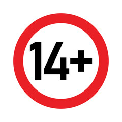 14 plus sign. Fourteen. For adults only. Age restrictions, censorship, parental control. Icon for content, movies and toys.