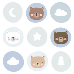 Cute teddy bear pattern, hand drawn forest background with cloud moon and star, vector illustration