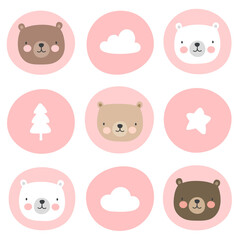 Cute teddy bear pattern, hand drawn forest background with cloud moon and star, vector illustration