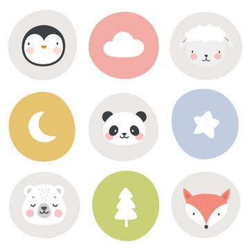 Cute animals pattern, hand drawn forest background with cloud star moon shape, panda, fox, sheep and penguin vector illustration