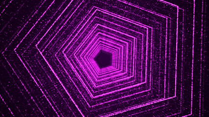 Abstract dynamic wireframe tunnel on purple background. Futuristic 3D portal. Futuristic particle flow. 3d rendering.