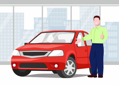 Car showroom. Seller man shows a car to a customer and thumb up sign. City landscape in the background. Buying, selling or renting a car. Vector illustration in flat style