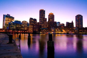 View of Boston in Massachusetts, USA at Boston Harbor and Financial District.