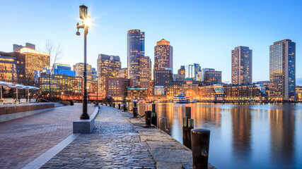 View of Boston in Massachusetts, USA at Boston Harbor and Financial District.