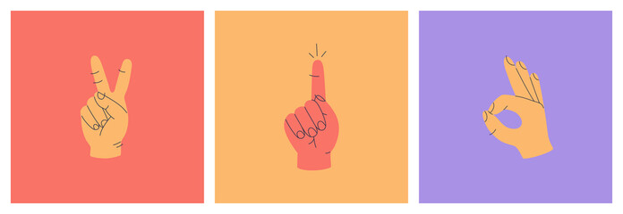 Obraz na płótnie Canvas Set of hands showing fingers various gestures, count, victory icon, sign okay and index finger up. Hand drawn vector illustration isolated on colorful background. Modern trendy flat cartoon style.