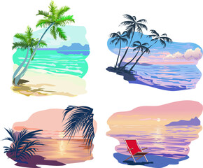 4 tropical picturesque illustrations, vector design