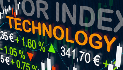 Stock Market Technology Index. Trading screen with a sector index for Technology, quotes, charts and changes. Stock exchange concept, 3D illustration.