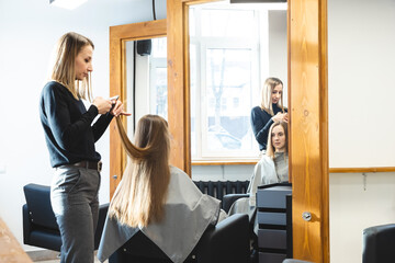 The master hairdresser cuts the ends of the hair after washing and in the beauty salon.