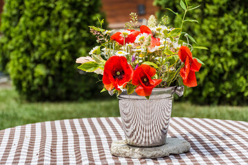 Bouquet of Red Blooming Poppy Flowers on a Green Background 