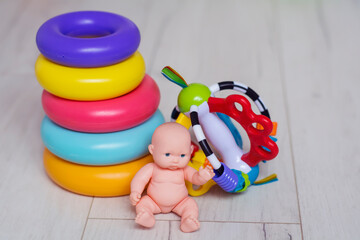 Colorful kid toys on wooden background. Child Development Concept 