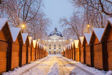Solomiya Krushelnytska Lviv State Academic Theatre of Opera and Ballet in winter time. Wooden...