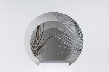 White abstract scene with rectangle podium, dry palm leaves, circles frames, arches with...