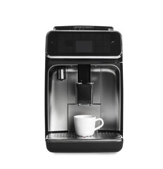 Modern electric coffee machine with cup isolated on white