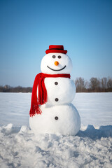 Funny snowman in stylish red hat and red scalf on snowy field. Blue sky on background