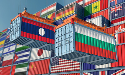 Freight containers with Laos and Bulgaria national flags. 3D Rendering 