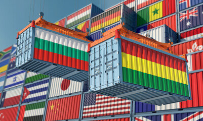 Freight containers with Bolivia and Bulgaria national flags. 3D Rendering 