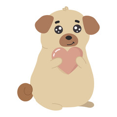 Cute pug with red heart in cartoon style. Illustration for poster, postcard, design, t-shirt print. Happy Valentine's day.