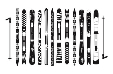 Ski set with pattern. different Ski design. type of ski. Black and white poster minimalistic. Winter sport.