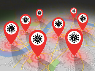 London map with multiple coronavirus alerts indicated by red GPS alert pins. 3D illustration.
