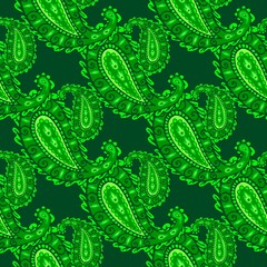 Trendy seamless paisley pattern. Green color. Doodle style. Textile print. Indian paisley floral seamless pattern. Colorful asian style floral pattern. Vector illustration.