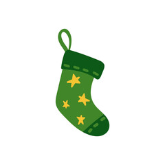 Green Christmas sock for gifts in doodle style. Cute vector illustration for holiday decoration of cards, posters, concession products. Christmas and New Years element.