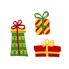 Gifts, Doodle style gift boxes. Cute vector illustration for holiday decoration of cards, posters, concession products. Christmas and New Years element.