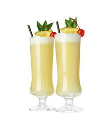 Tasty Pina Colada cocktail on white background
