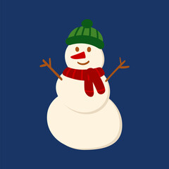 Snowman in a hat and a doodle style scarf. Cute vector illustration for holiday decoration of cards, posters, concession products. Christmas and New Years element.