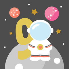 Space Party Invitation Card Template, Birthday Party in Cosmic Style Celebration, Greeting Card, Flyer Cartoon Vector. Kids illustration with planets, cosmonaut and number nine.